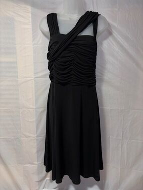 Avenue Black Ruched Midi Dress, top fitted bottom is flared very comfortable fit
